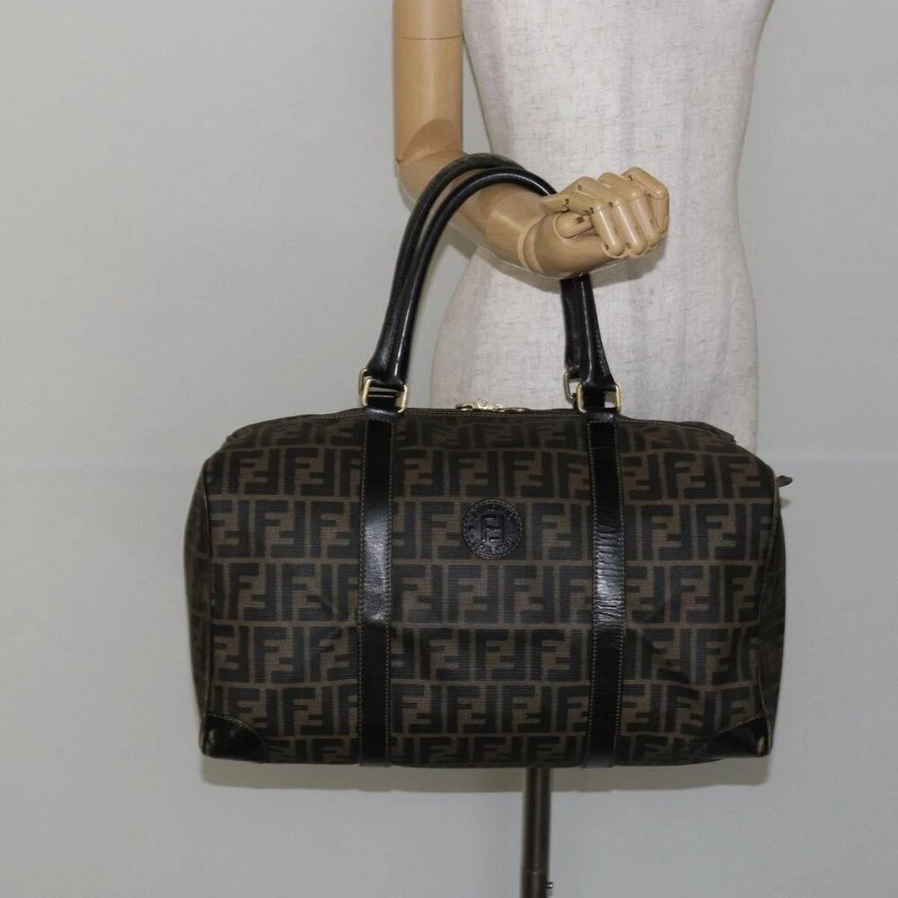 FENDI Zucca Canvas Boston Bag PVC Black Brown Auth 145332